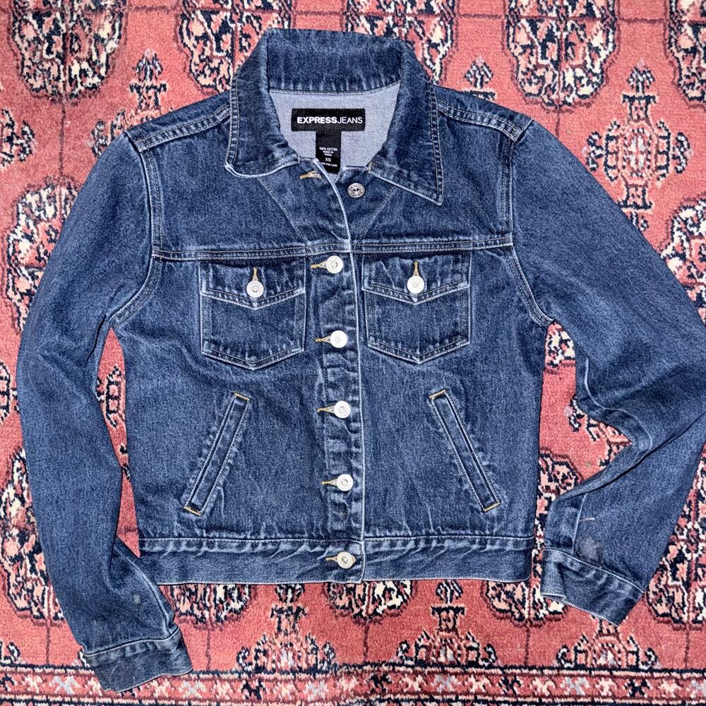 Express Jeans XS CLASSIC 100%‎ Cotton Dark Denim Short Jean Jacket Metal Buttons